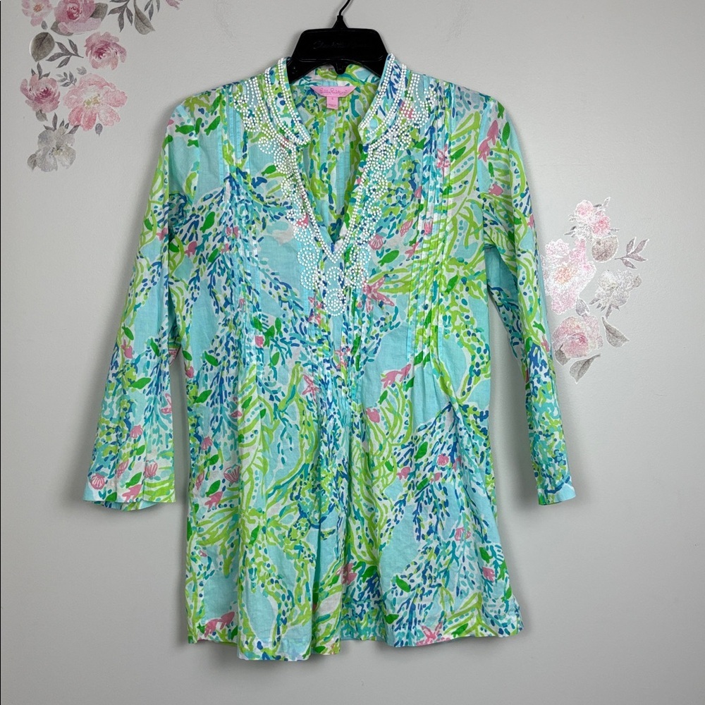 Lilly Pulitzer Blue and Green Beaded Floral Blouse - S